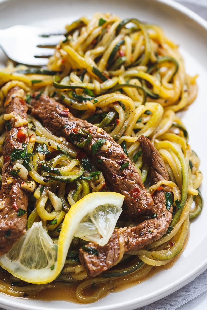 15-Minute Garlic Butter Steak with Zucchini Noodles — Delicious juicy marinated steak and zucchini noodles, so much flavor and nearly IMPOSSIBLE to mess up!