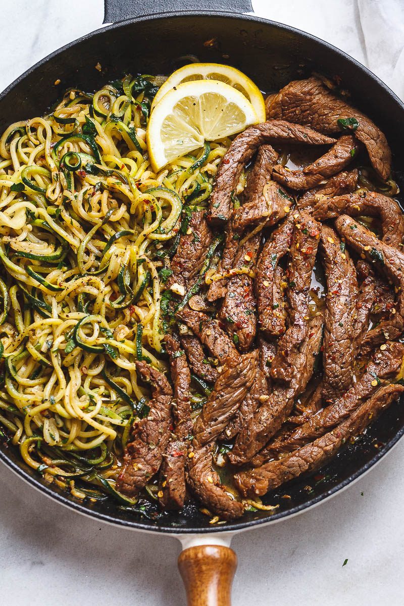 15-Minute Garlic Butter Steak with Zucchini Noodles — Delicious juicy marinated steak and zucchini noodles, so much flavor and nearly IMPOSSIBLE to mess up!