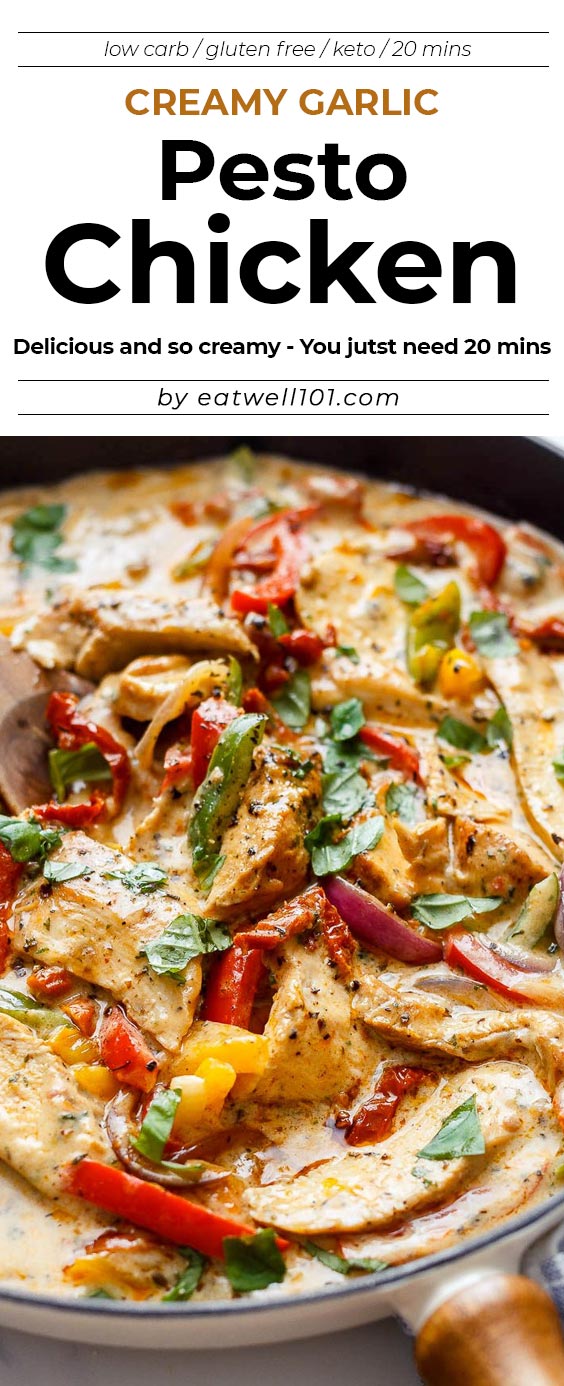 Creamy Garlic Pesto Chicken Recipe - #eatwell101 #recipe This #stir-fry #chicken with #pesto, #sun-dried #tomatoes and bell #peppers in a #creamy #garlic sauce is simply amazing. 