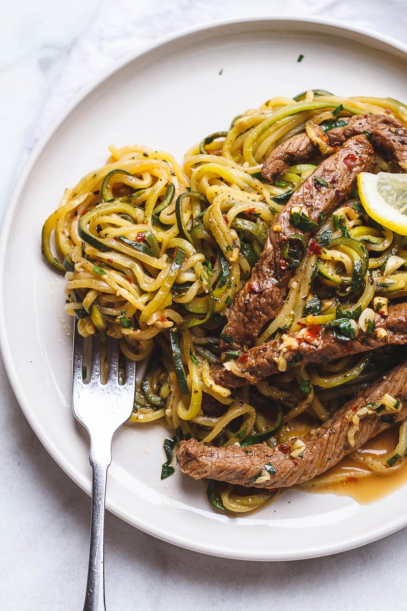 15-Minute Garlic Butter Steak with Zucchini Noodles — Delicious juicy marinated steak and zucchini noodles, so much flavor and nearly IMPOSSIBLE to mess up!