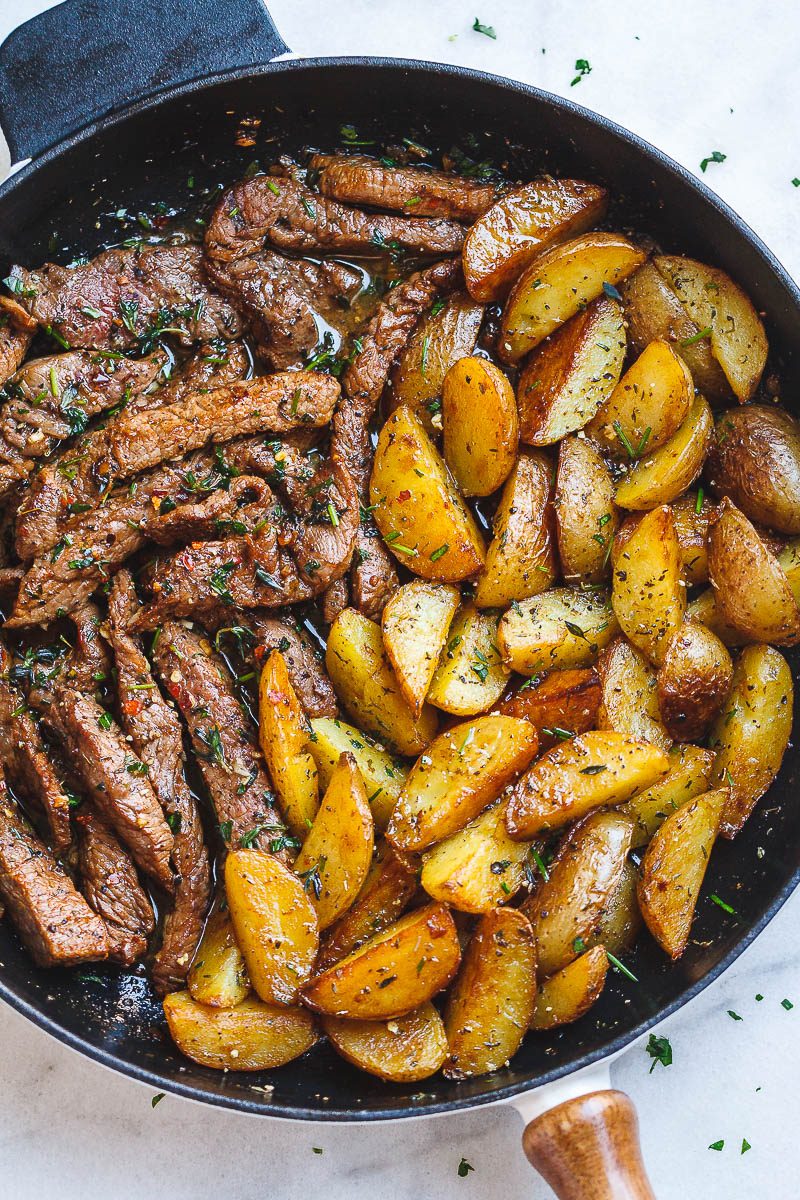 Garlic Butter Steak and Potatoes Skillet -  #eatwell101 #recipe This easy one-pan recipe is SO simple, and SO flavorful. The best steak and potatoes you'll ever have! #Garlic #Butter #Steak #Potatoes #Skilletrecipe #onepan