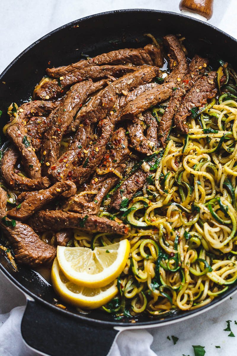 15-Minute Garlic Butter Steak with Zucchini Noodles — Delicious juicy marinated steak and zucchini noodles, so much flavor and nearly IMPOSSIBLE to mess up!