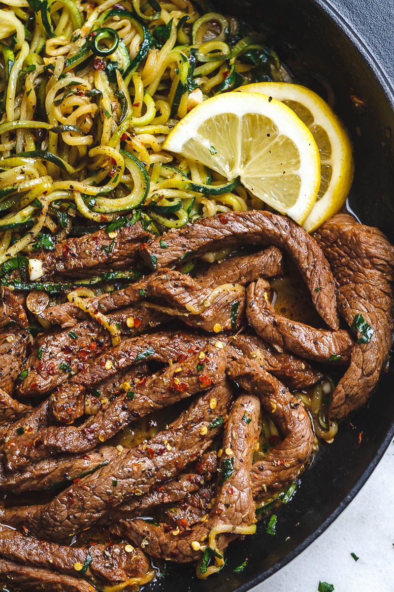 15-Minute Garlic Butter Steak with Zucchini Noodles — Delicious juicy marinated steak and zucchini noodles, so much flavor and nearly IMPOSSIBLE to mess up!