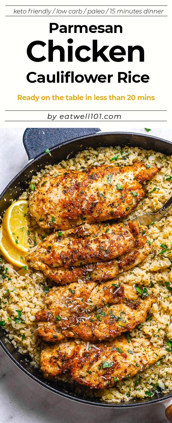 Garlic Butter Chicken with Parmesan Cauliflower Rice - #eatwell101 #recipe Crispy, soft and SO delish! Perfect for when you want to come home to a delicious gluten-free, low-carb dinner. #Garlic #Butter #Chicken #Parmesan #Cauliflower #Rice #glutenfree, l#owcarb #dinner.