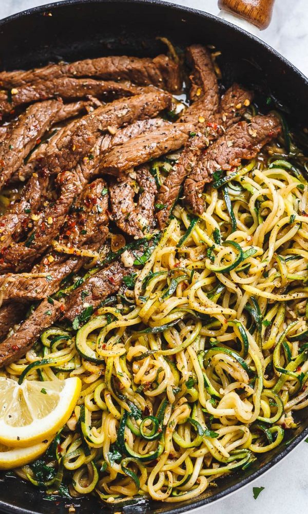 15-Minute Lemon Garlic Butter Steak with Zucchini Noodles