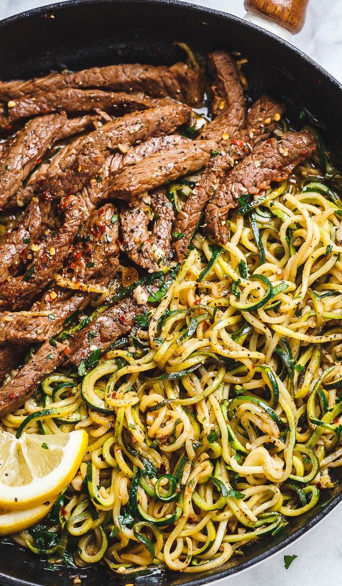 15-Minute Lemon Garlic Butter Steak with Zucchini Noodles