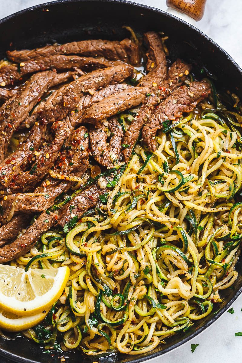 15-Minute Garlic Butter Steak with Zucchini Noodles — Delicious juicy marinated steak and zucchini noodles, so much flavor and nearly IMPOSSIBLE to mess up!