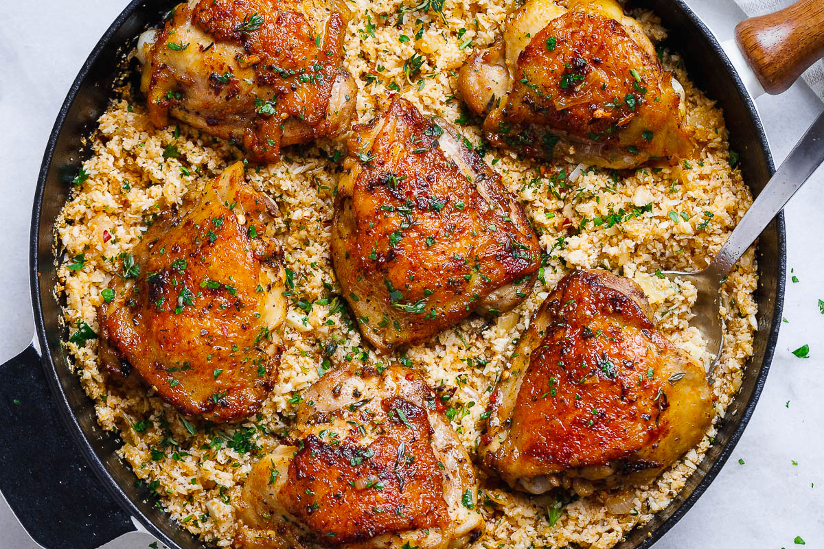 Buttery Garlic Herb Chicken and Lemon Parmesan Cauliflower Rice