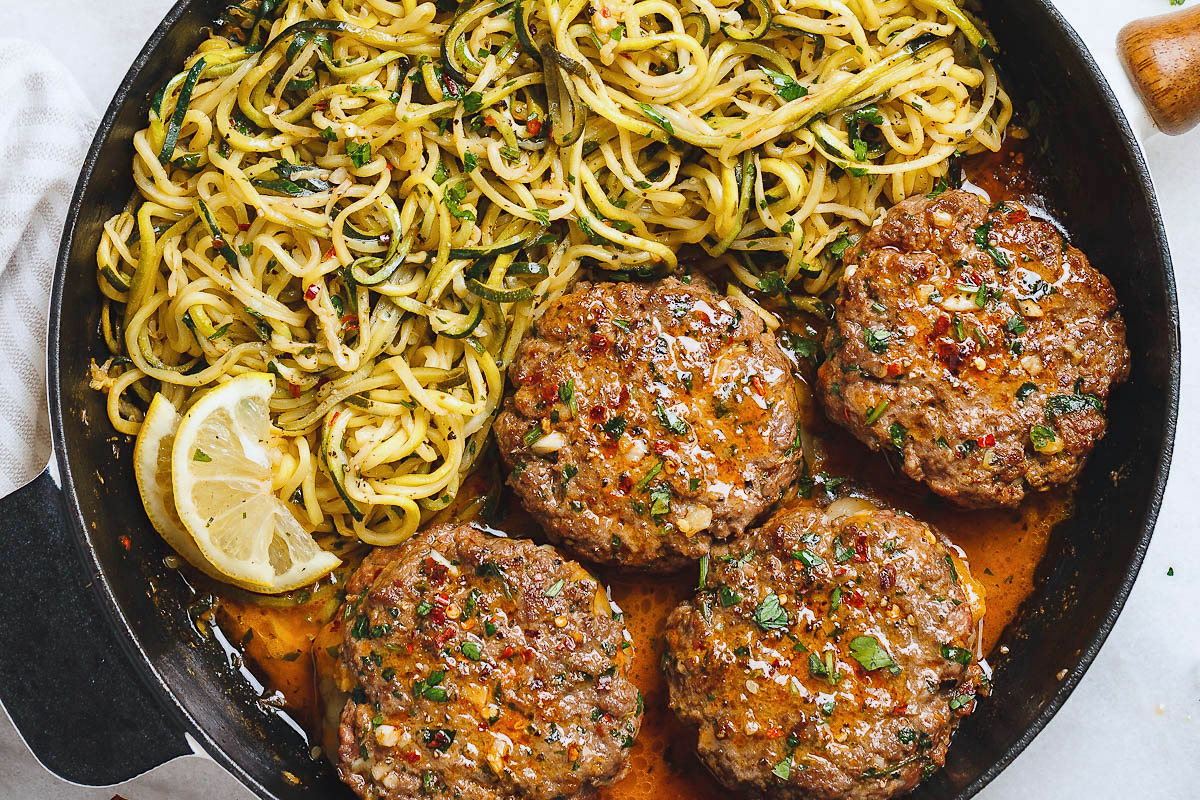 Cheesy Garlic Burgers with Lemon Butter Zucchini Noodles