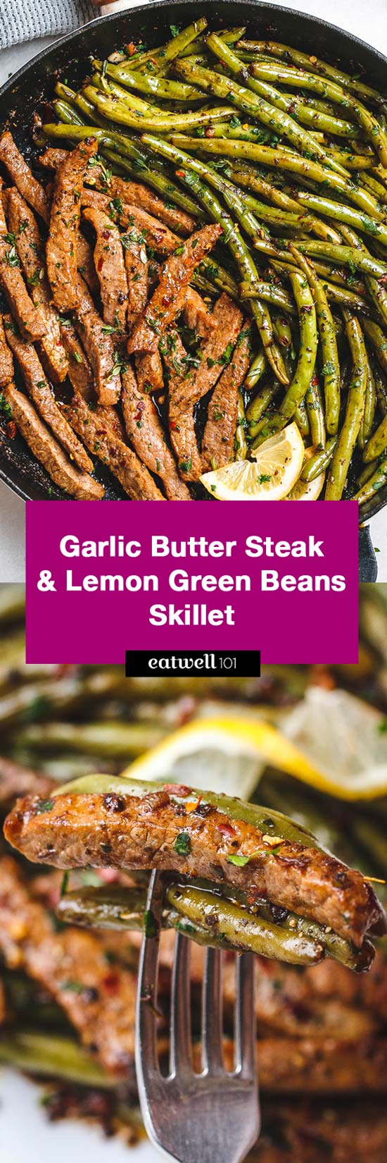 Garlic Butter Steak and Lemon Green Beans Skillet - So addicting! The flavor combination of this quick and easy one pan dinner is spot on!