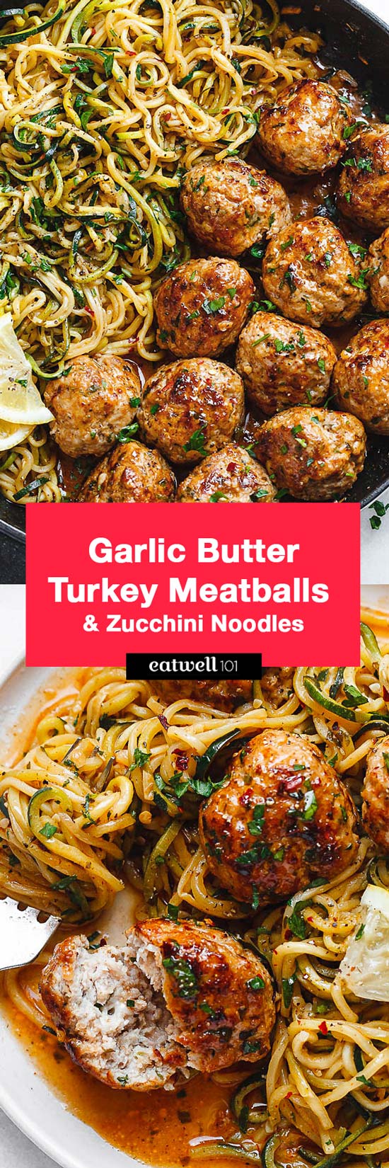 Garlic Butter Meatballs with Lemon Zucchini Noodles -  #eatwell101 #recipe This easy and nourishing skillet-meal is absolutely fabulous in every way imaginable!  #Garlic #Butter #Meatballs #Lemon #Zucchini #Noodles #dinner #recipe