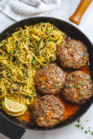 Cheesy Garlic Burgers with Lemon Butter Zucchini Noodles