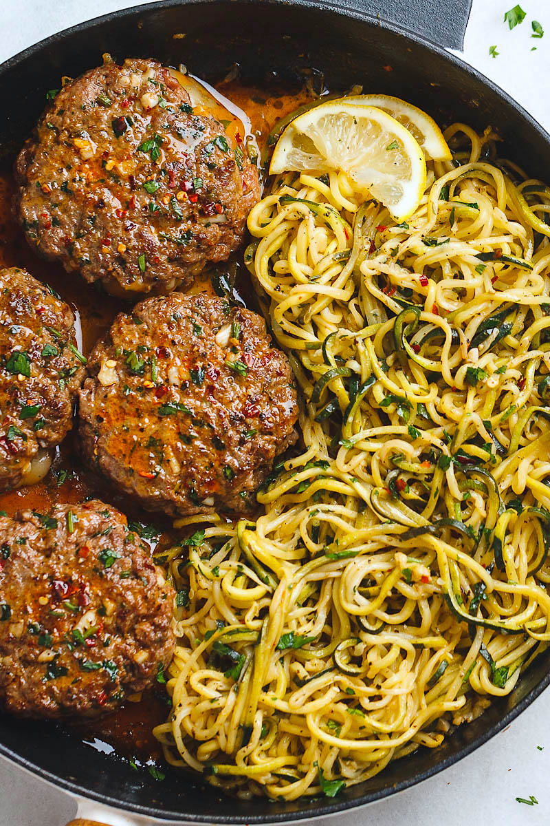 Cheesy Garlic Burgers with Lemon Butter Zucchini Noodles – Beef Burgers ...