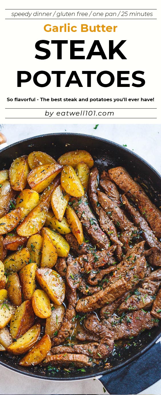 Garlic Butter Steak and Potatoes Skillet -  #eatwell101 #recipe - This easy one-pan recipe is SO simple, and SO flavorful. The best steak and potatoes you'll ever have! #Garlic #Butter #Steak and #Potatoes #Skilletrecipe #onepan 