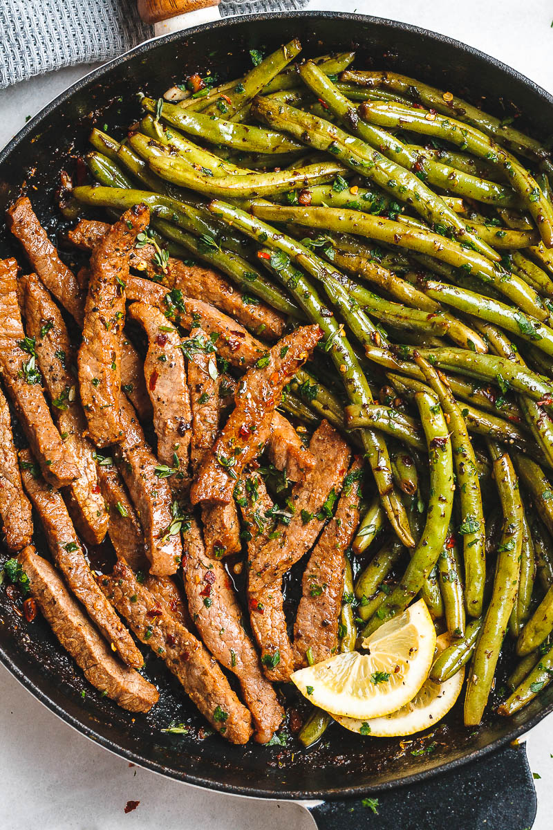 Garlic Butter Steak and Lemon Green Beans Skillet - Family Dinner Recipes