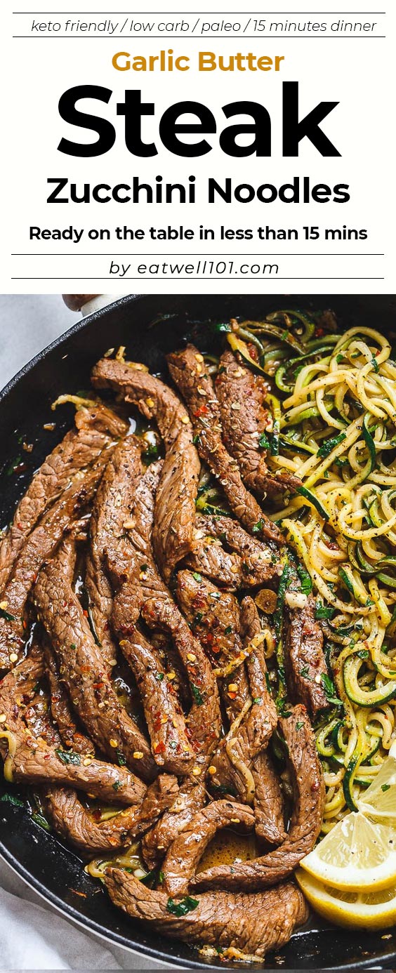 15-Minute Garlic Butter Steak with Zucchini Noodles — #eatwell101 #recipe - Delicious juicy marinated steak and zucchini noodles, so much flavor and nearly IMPOSSIBLE to mess up! #Garlic #Butter #Steak  #Zucchini #Noodles