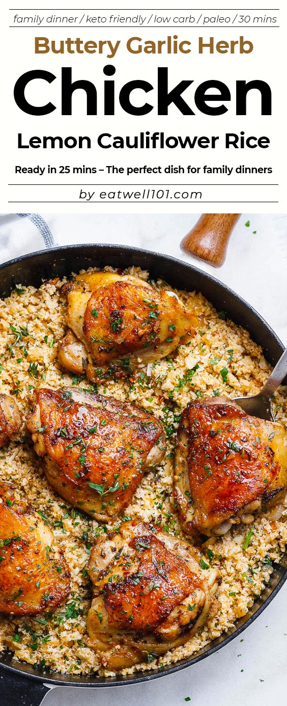 Buttery Garlic Herb Chicken with Lemon Cauliflower Rice - #keto #recipe #eatwell101 - The best low-carb and gluten-free dish for dinner! Ready in 30 minutes.