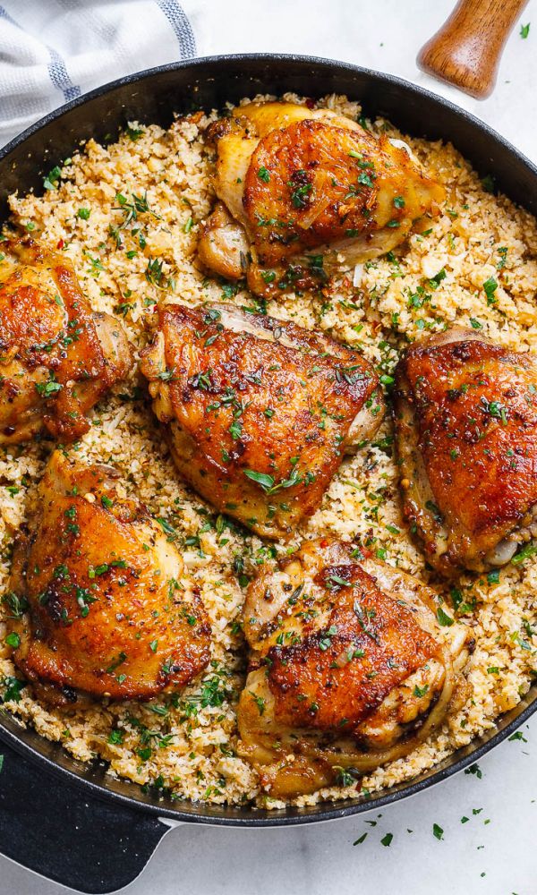 Buttery Garlic Herb Chicken and Lemon Parmesan Cauliflower Rice