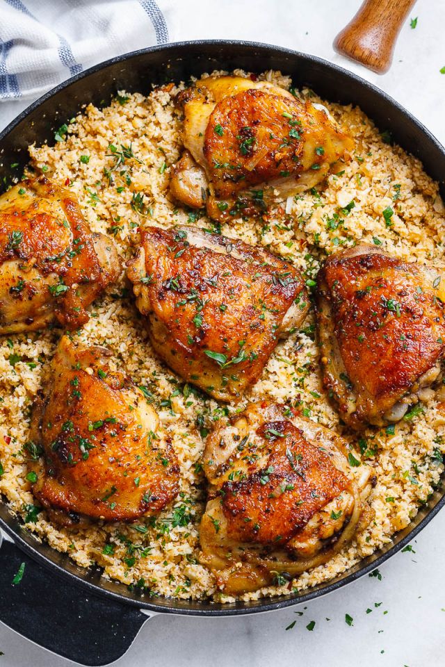 Buttery Garlic Herb Chicken and Lemon Parmesan Cauliflower Rice