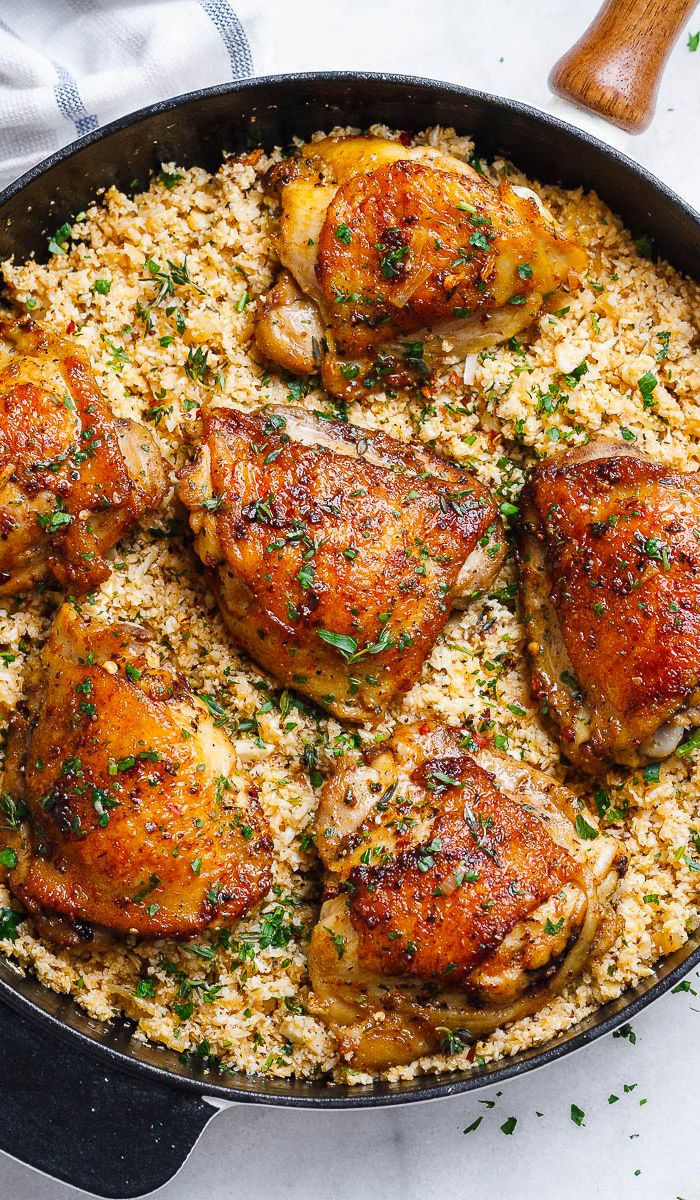 Buttery Garlic Herb Chicken and Lemon Parmesan Cauliflower Rice