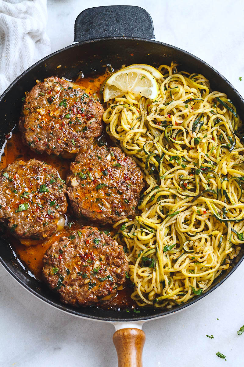 Cheesy Garlic Burgers With Lemon Butter Zucchini Noodles Beef Burgers Recipe Eatwell101