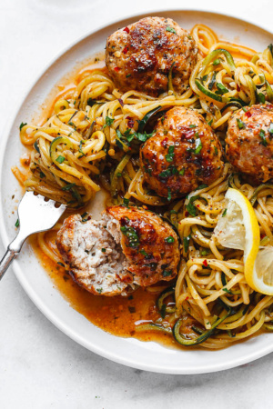 Garlic Butter Turkey Meatballs with Zucchini Noodles
