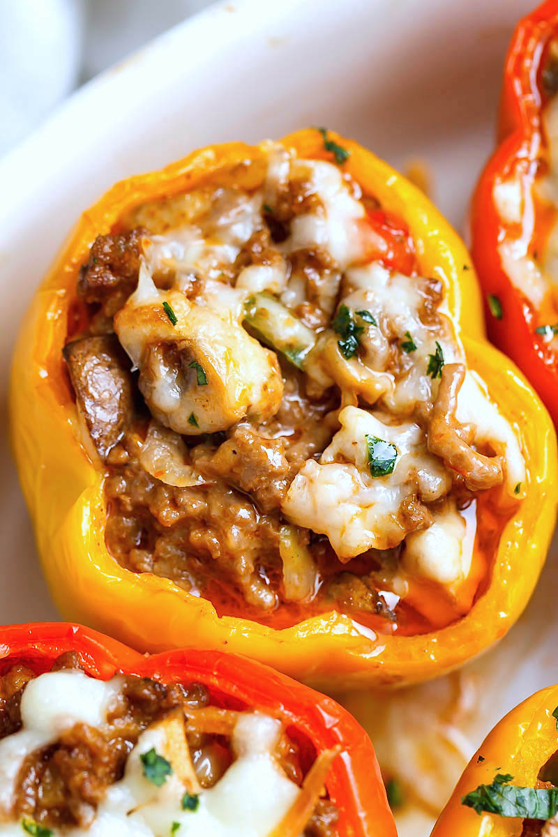 Cheese Steak Keto Low-Carb Stuffed Peppers - #eatwell101 #recipe #keto #lowcarb - An easy, cheesy, filling meal that is packed with flavor and delicious ingredients!