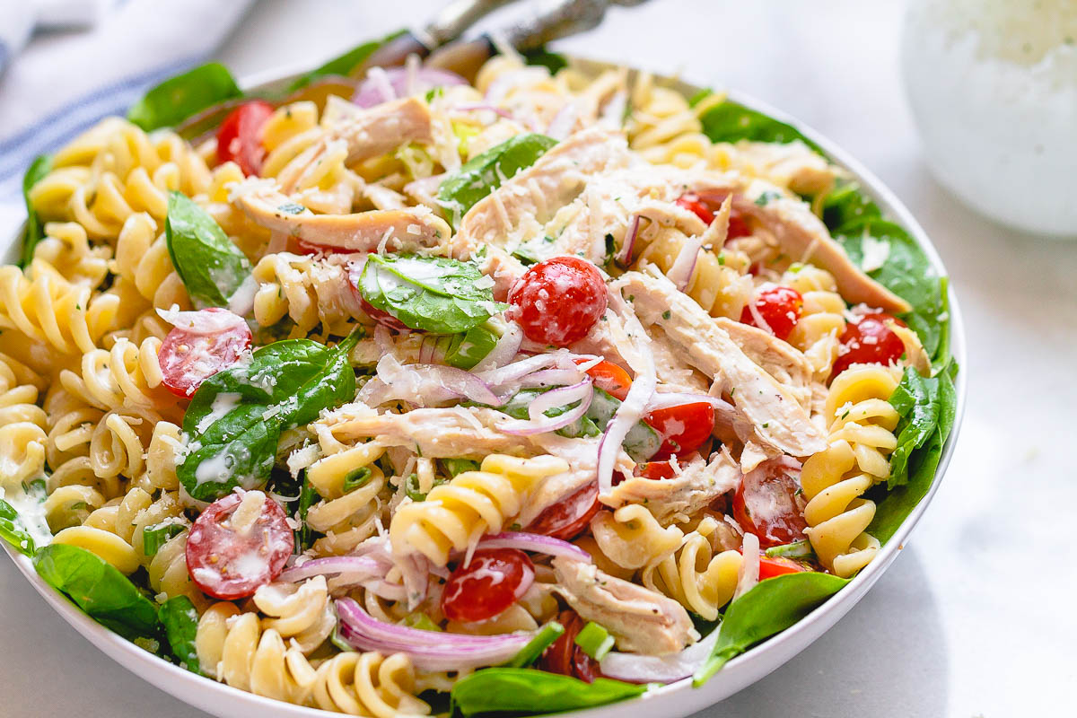 Chicken Spinach Pasta Salad with Creamy Ranch Dressing