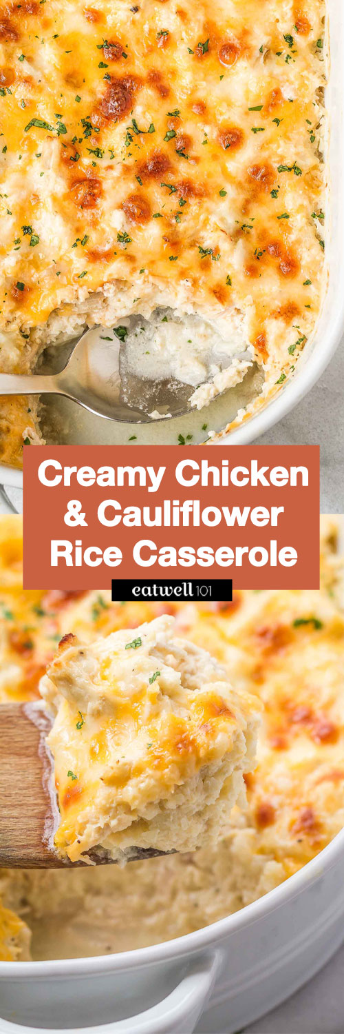 Creamy Chicken and Cauliflower Rice Casserole - #eatwell101 #recipe A quick, easy, and over the top tasty #Chicken and #Cauliflower  #Casserole #dinner - #glutenfree, #keto, #lowcarb friendly