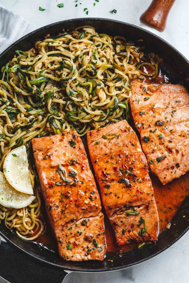 Lemon Garlic Butter Salmon with Zucchini Noodles