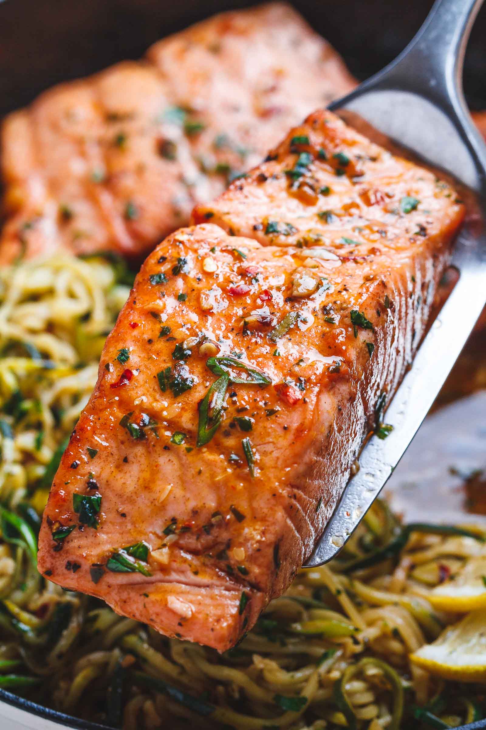 Lemon Garlic Butter Salmon with Zucchini Noodles Recipe — Eatwell101