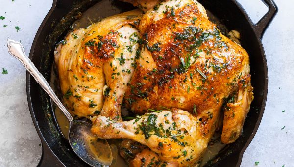 Roasted Lemon Garlic Butter SpatchCock Chicken - #recipe by #eatwell101 - https://www.eatwell101.com/lemon-garlic-butter-spatchcock-chicken-recipe