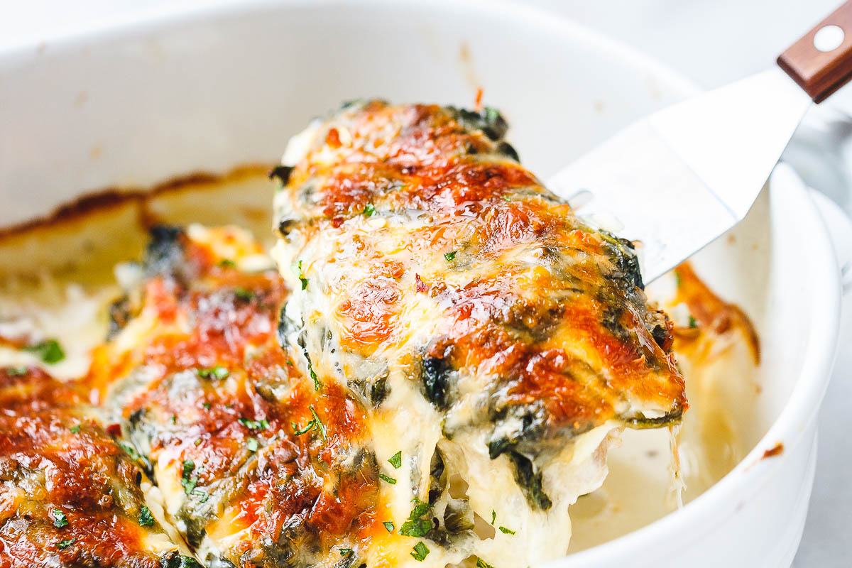 Spinach Chicken Casserole with Cream Cheese and Mozzarella