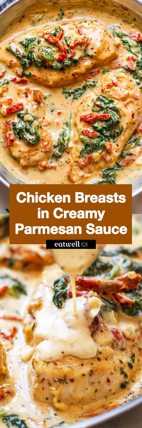 Chicken breasts  with Spinach in Creamy Parmesan - #eatwell101 #recipe - An easy #one-pan #dish that will wow the entire family for dinner!