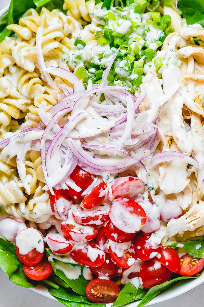 Chicken Spinach Pasta Salad with Creamy Ranch Dressing - A total crowd pleaser, perfect for potlucks and summer get togethers.