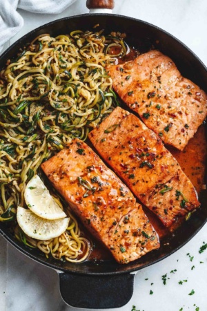 Lemon Garlic Butter Salmon with Zucchini Noodles