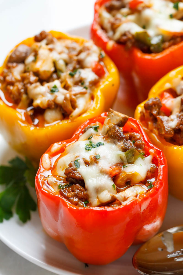 Cheese Steak Stuffed Peppers - #recipe by #eatwell101 - https://www.eatwell101.com/cheese-steak-stuffed-peppers-recipe
