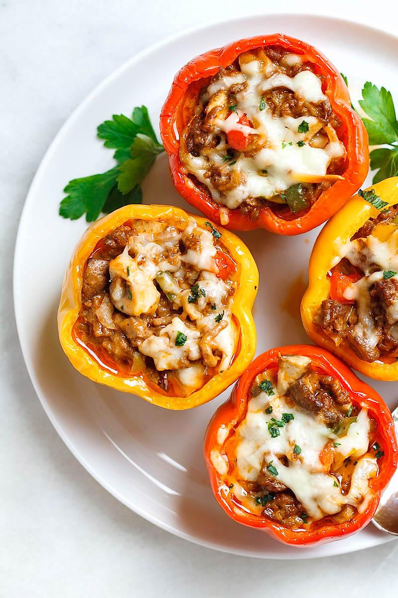 Cheese Steak Keto Low-Carb Stuffed Peppers - #eatwell101 #recipe #keto #lowcarb - An easy, cheesy, filling meal that is packed with flavor and delicious ingredients!