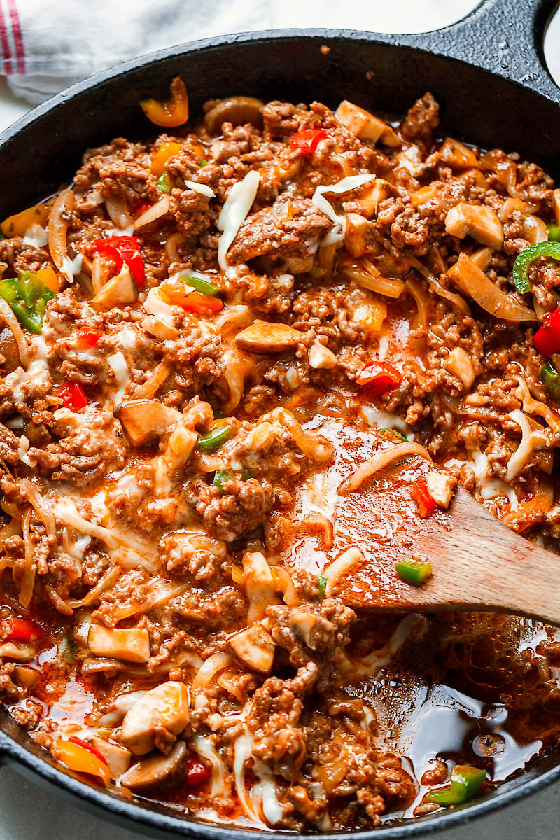 Cheese Steak Keto Low-Carb Stuffed Peppers - #eatwell101 #recipe #keto #lowcarb - An easy, cheesy, filling meal that is packed with flavor and delicious ingredients!