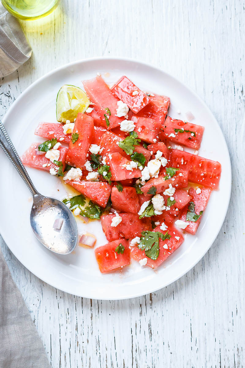 Cilantro Lime Watermelon Feta Salad - Sweet, fresh and juicy, a definite crowd pleaser!