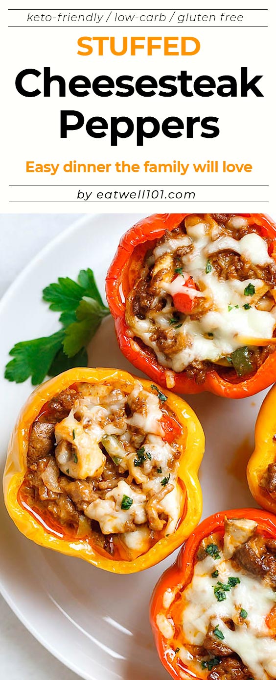 Cheese Steak Keto Low-Carb Stuffed Peppers - #eatwell101 #recipe #keto #lowcarb - An easy, cheesy, filling meal that is packed with flavor and delicious ingredients!