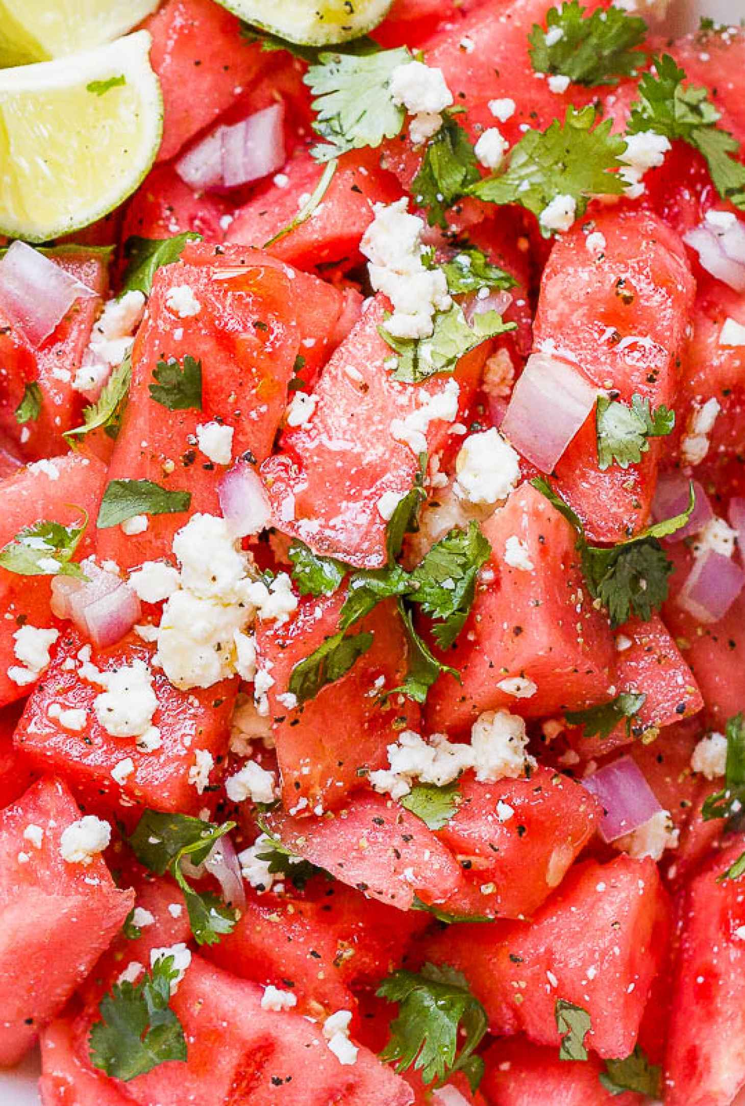 Cilantro Lime Watermelon Feta Salad - #recipe by #eatwell101 - https://www.eatwell101.com/watermelon-feta-salad-recipe