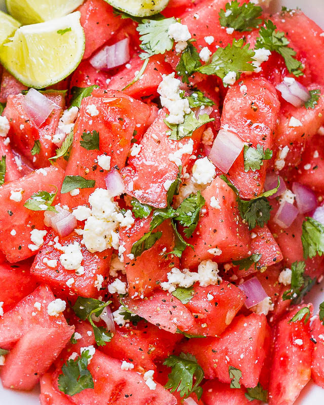 Cilantro Lime Watermelon Feta Salad - #recipe by #eatwell101 - https://www.eatwell101.com/watermelon-feta-salad-recipe
