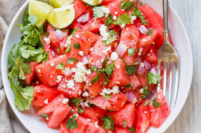 Cilantro Lime Watermelon Feta Salad - #recipe by #eatwell101 - https://www.eatwell101.com/watermelon-feta-salad-recipe
