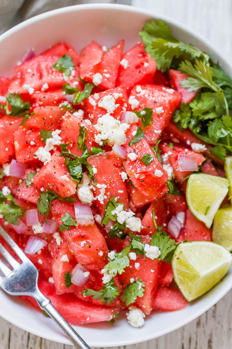 Cilantro Lime Watermelon Feta Salad - Sweet, fresh and juicy, a definite crowd pleaser!