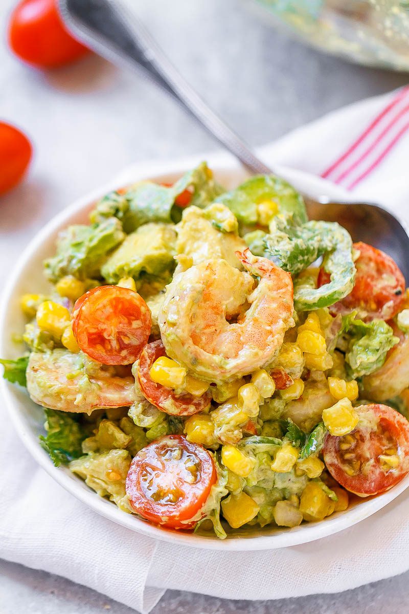 Shrimp Avocado Corn Salad - A tasty and healthy salad recipe perfect for a nourishing lunch on a hot summer day.