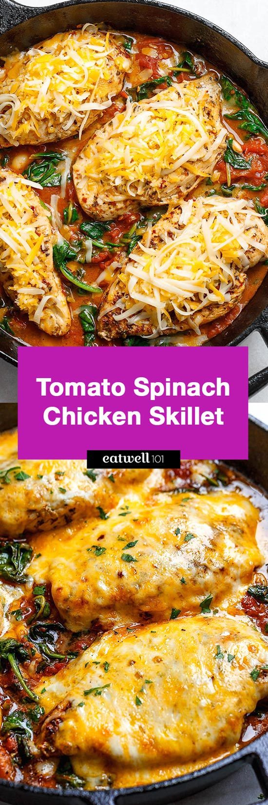 Tomato Spinach Chicken Skillet 
 - #eatwell101 #recipe Filling, tasty and comforting -  A nutritious #chicken #recipe for a #low-carb #keto #dinner option.