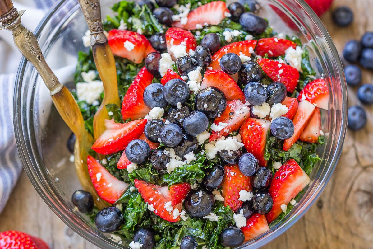 Summer Kale Salad with Blueberries, Strawberries and Feta