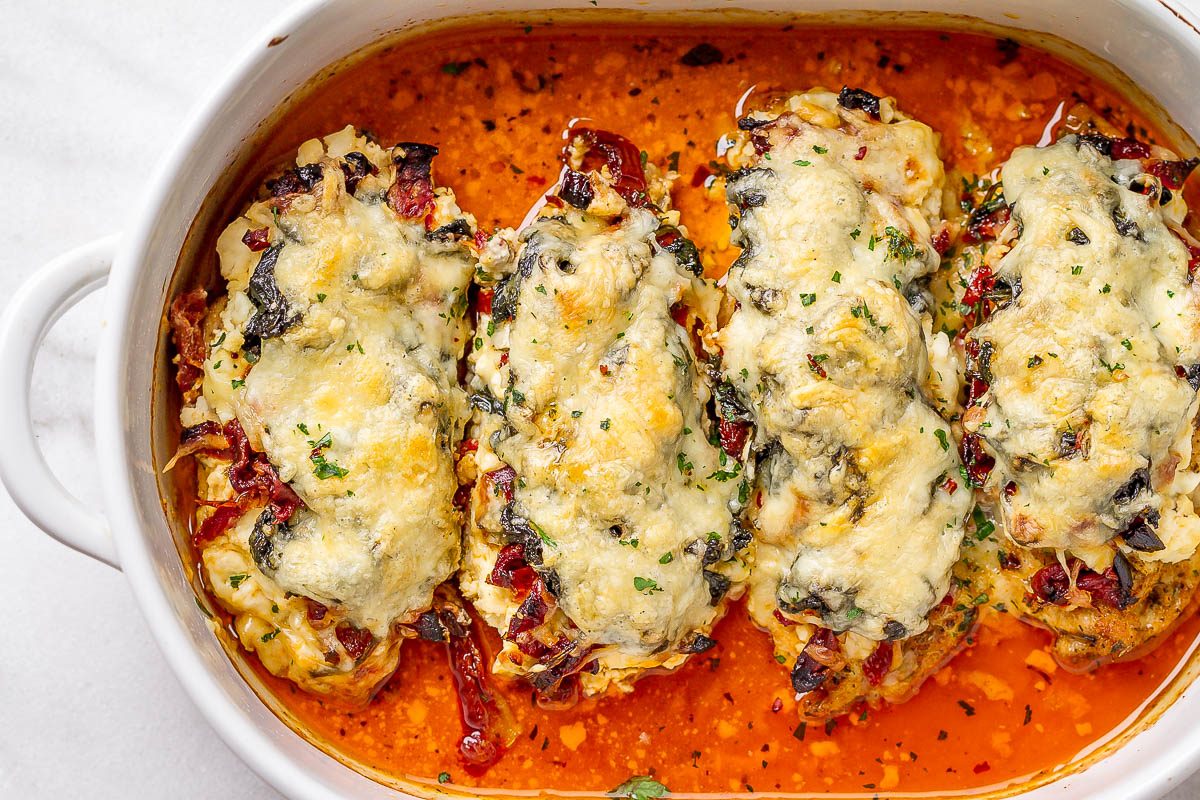 Spinach Chicken Casserole with Cream Cheese, Sun-Dried Tomatoes and Mozzarella