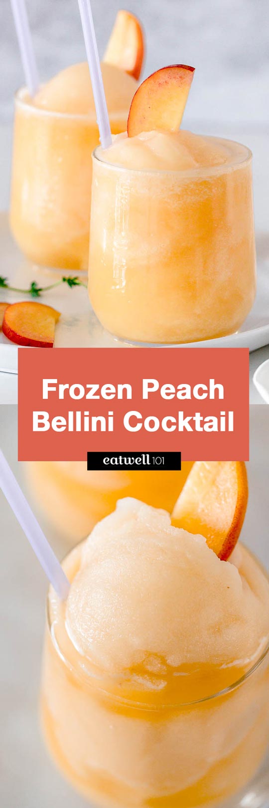 Frozen Peach Bellini Cocktail - Light, refreshing and super easy to make! This elegant cocktail slush will be a hit for any summer party.